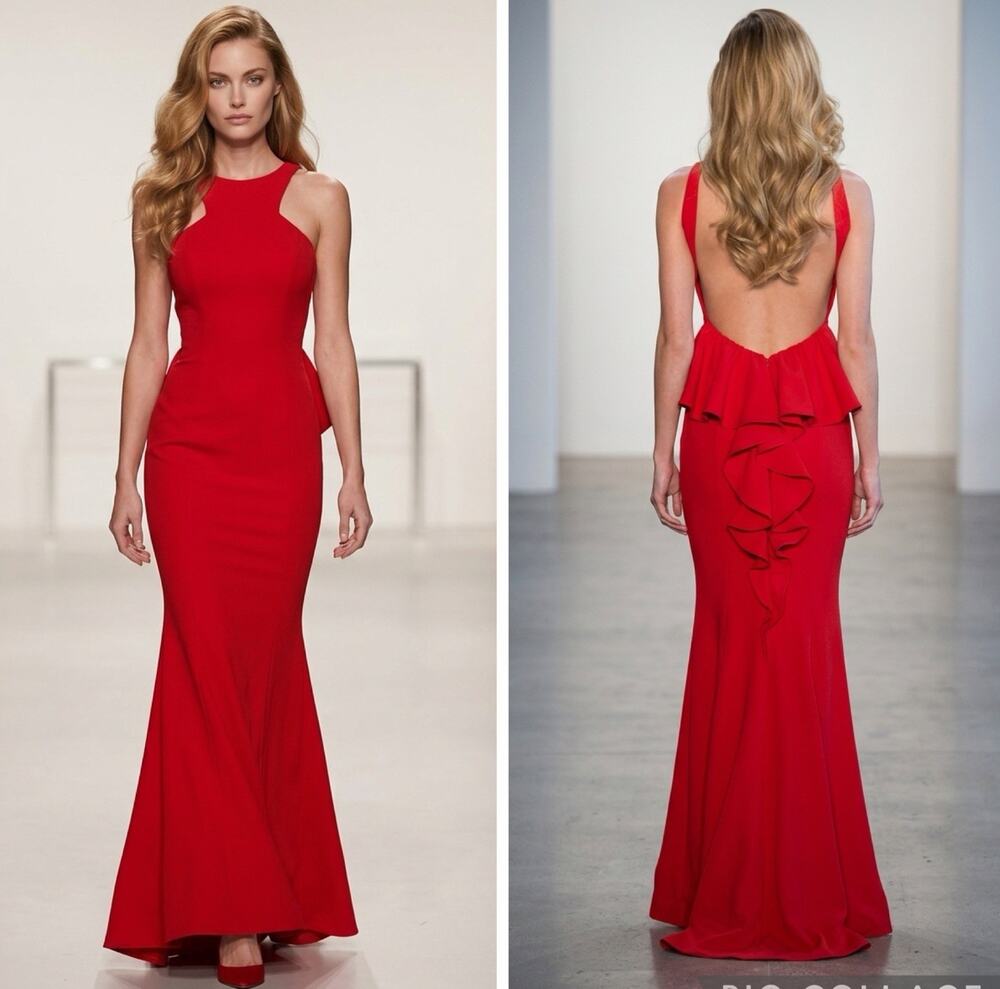 Xscape Size 0 Red Open Back Mermaid Gown Formal Dress Made In USA Retail $285